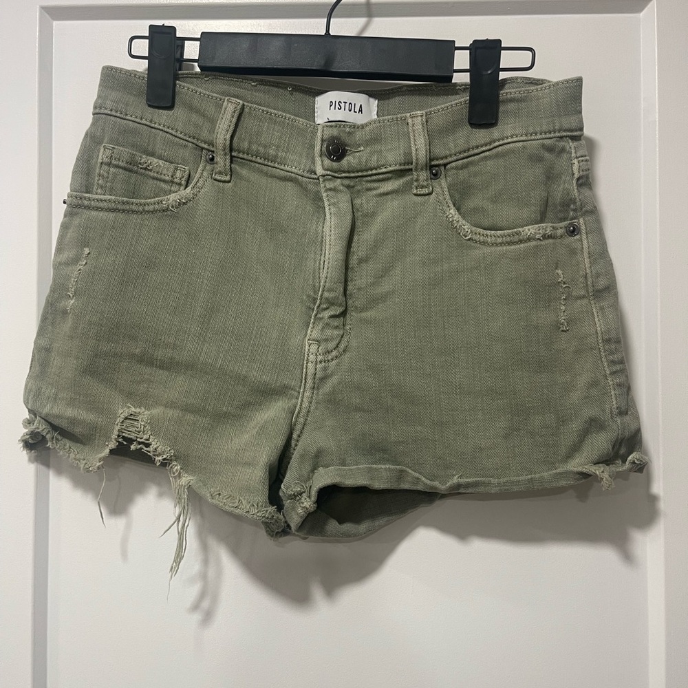 Pistola Green Jean Shorts High-Waisted Distressed